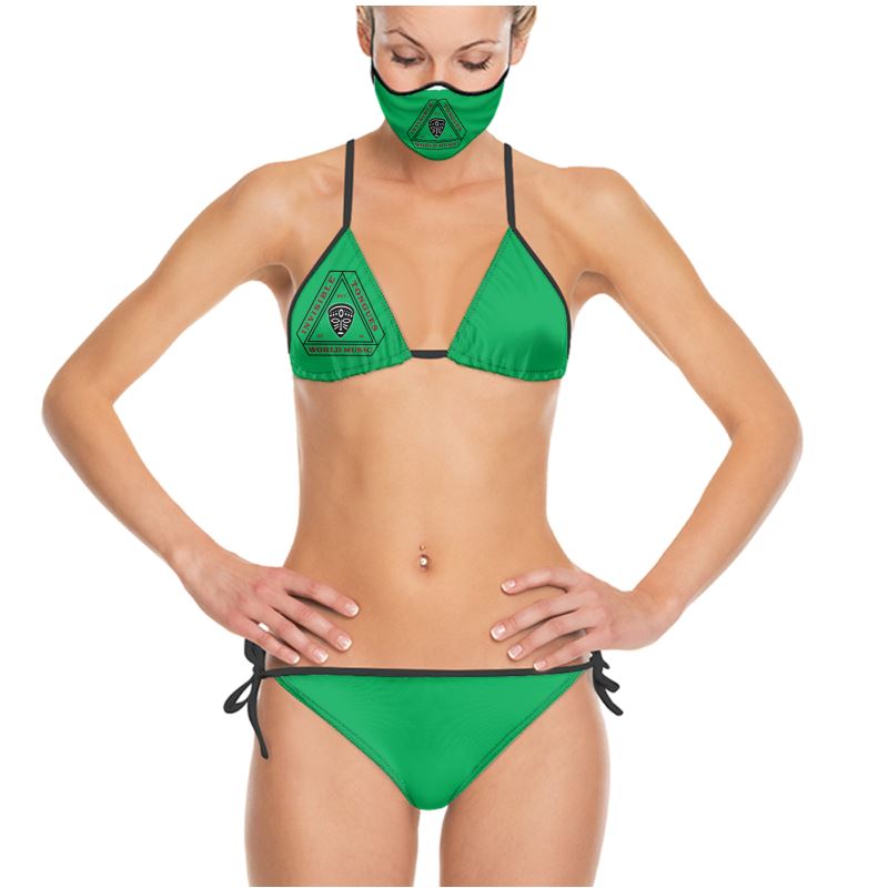 Invisible Tongues triangle logo on the left breast of an emerald-green bikini.